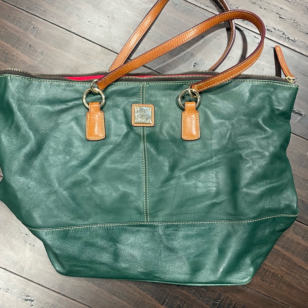 Green Leather Tote Bag with Tan Straps